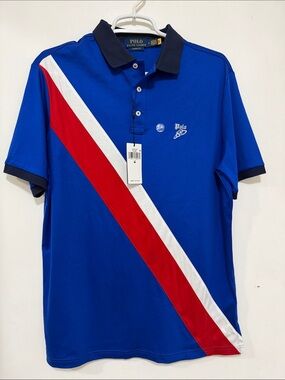 NWT, Polo by Ralph Lauren Blue Polo with Red and White Diagonal Stripe